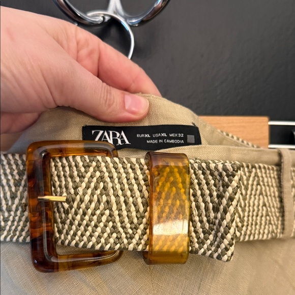 Zara Neutral Beige A-Line Linen Midi Skirt with Woven Belt sz XL - Picture 2 of 4